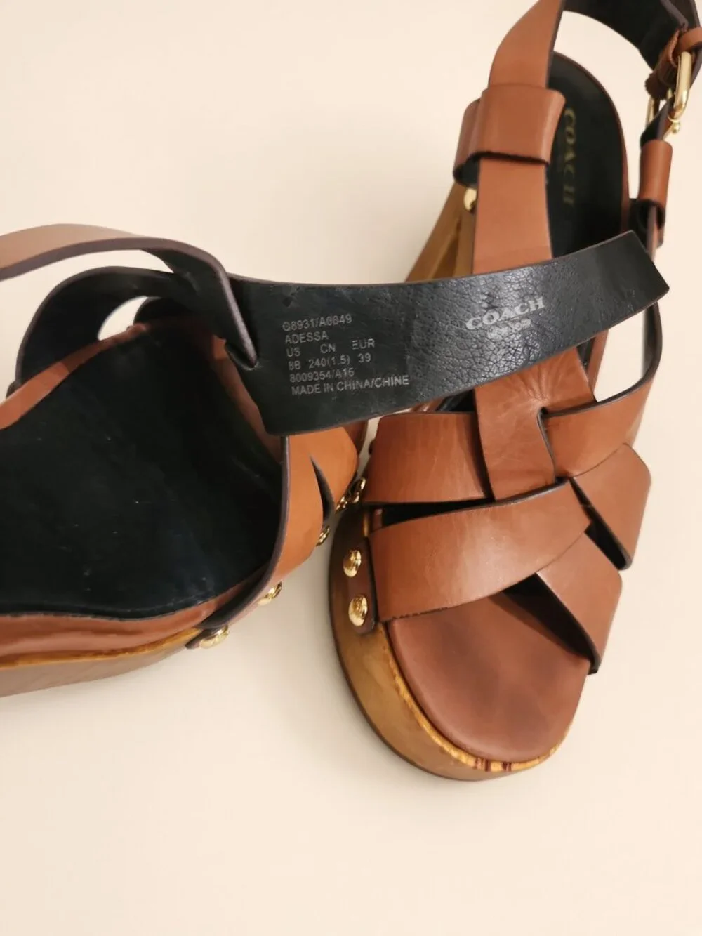 Coach Adessa Cognac Leather Wood Platform Sandals Size 8 Gold Studs